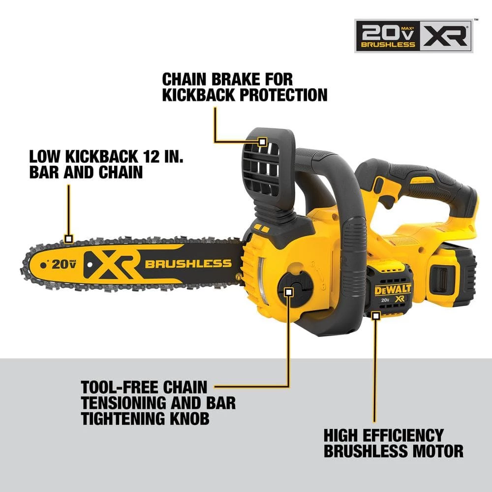 DEWALT 20V MAX 12in. Brushless Cordless Battery Powered Chainsaw Kit with (1) 5Ah Battery & Charger 4 DEWALT 20V MAX 12in. Brushless Cordless Battery Powered Chainsaw Kit with (1) 5Ah Battery & Charger - Image 2