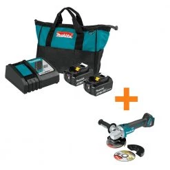 Makita 18-Volt LXT Battery and Rapid Optimum Charger Starter Pack (5.0Ah) with bonus 18V LXT Brushless Cut-Off/Angle Grinder