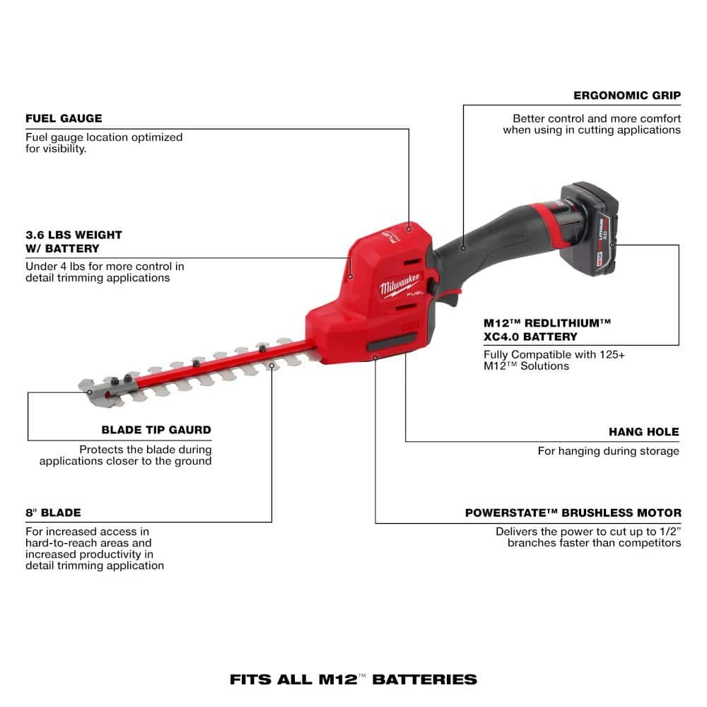 Milwaukee M12 FUEL 8 in. 12V Lithium-Ion Brushless Cordless Hedge Trimmer Kit with 6.0Ah and 4.0Ah Battery and Charger 4 Milwaukee M12 FUEL 8 in. 12V Lithium-Ion Brushless Cordless Hedge Trimmer Kit with 6.0Ah and 4.0Ah Battery and Charger - Image 2
