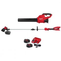 Milwaukee M18 FUEL 120 MPH 450 CFM 18V Brushless Cordless Handheld Blower w/Two 5Ah Batteries, Charger, String Trimmer