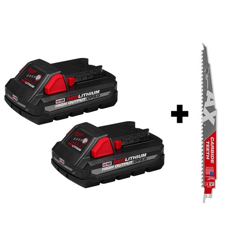 Milwaukee M18 18-Volt Lithium-Ion HIGH OUTPUT CP 3.0 Ah Battery Pack (2-Pack) w/9 in. 5 TPI AX Carbide Reciprocating Saw Blade 3 Milwaukee M18 18-Volt Lithium-Ion HIGH OUTPUT CP 3.0 Ah Battery Pack (2-Pack) w/9 in. 5 TPI AX Carbide Reciprocating Saw Blade