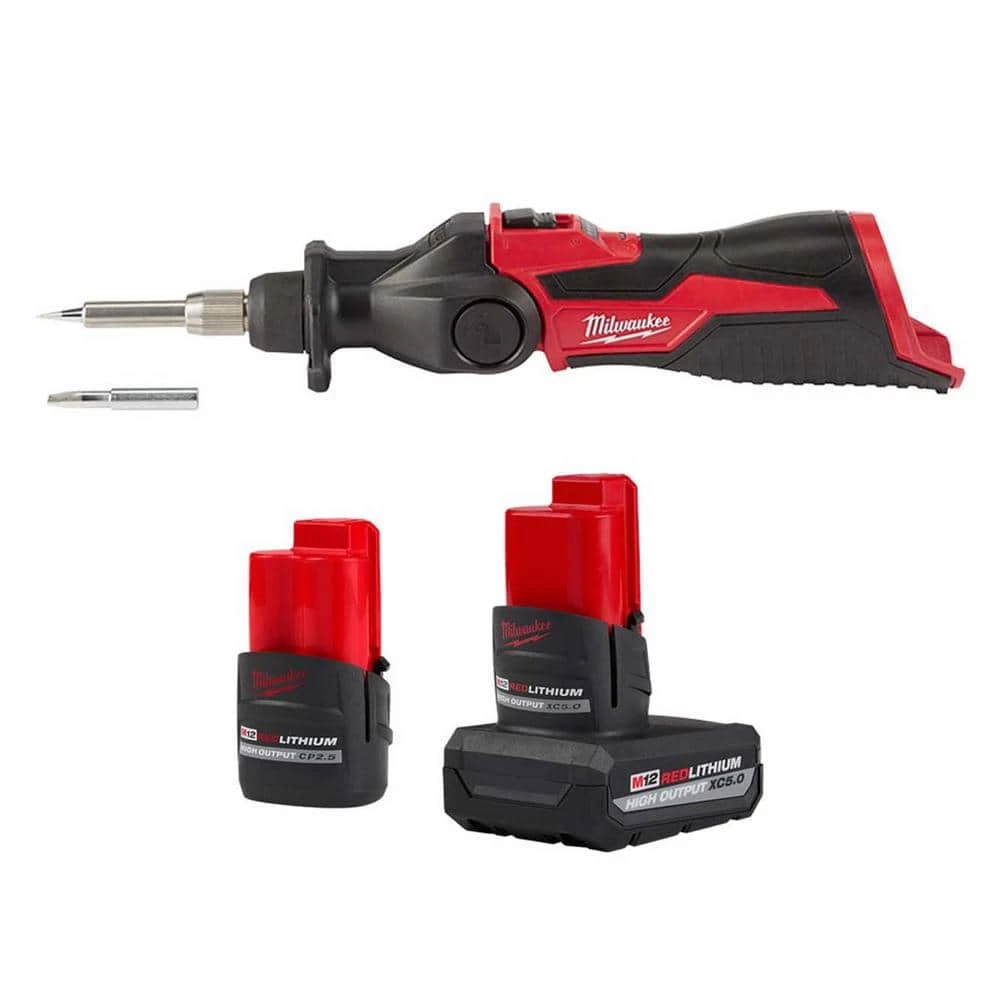 Milwaukee M12 12-Volt Lithium-Ion XC High Output 5.0 Ah Battery Pack W/High Output 2.5 Ah Battery Pack + Soldering Iron 3 Milwaukee M12 12-Volt Lithium-Ion XC High Output 5.0 Ah Battery Pack W/High Output 2.5 Ah Battery Pack + Soldering Iron