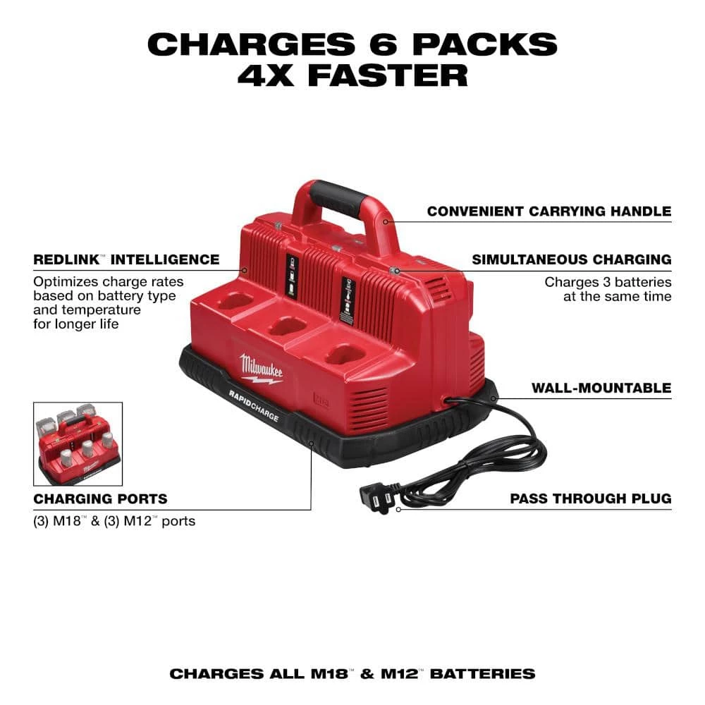 Milwaukee M12 and M18 12-Volt/18-Volt Lithium-Ion Multi-Voltage 6-Port Sequential Rapid Battery Charger (3 M12 and 3 M18 Ports) 4 Milwaukee M12 and M18 12-Volt/18-Volt Lithium-Ion Multi-Voltage 6-Port Sequential Rapid Battery Charger (3 M12 and 3 M18 Ports) - Image 2