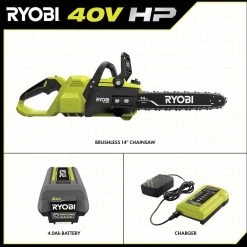 RYOBI 40V HP Brushless 14 in. Cordless Battery Chainsaw with 4.0 Ah Battery and Charger -Outdoor Power Equipment Sales Store ryobi cordless chainsaws ry405100 40 1000