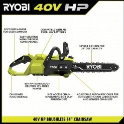 RYOBI 40V HP Brushless 14 in. Cordless Battery Chainsaw with 4.0 Ah Battery and Charger -Outdoor Power Equipment Sales Store ryobi cordless chainsaws ry405100 a0 1000