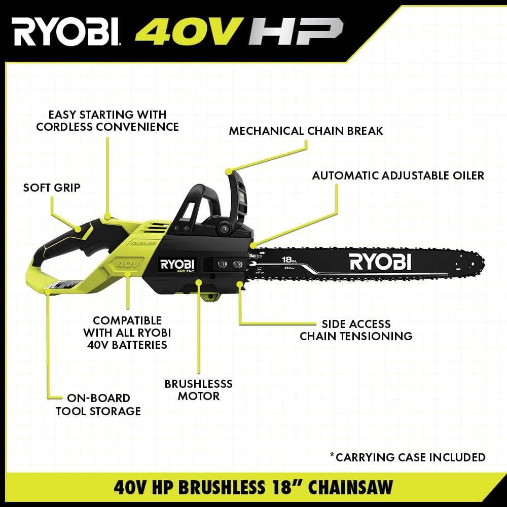 RYOBI 40V HP Brushless 18 in. Cordless Battery Chainsaw with 5.0 Ah Battery and Charger 6 RYOBI 40V HP Brushless 18 in. Cordless Battery Chainsaw with 5.0 Ah Battery and Charger - Image 4