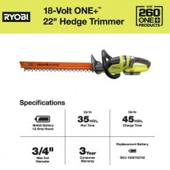 RYOBI ONE+ 18V 22 in. Cordless Battery Hedge Trimmer with 1.5 Ah Battery and Charger -Outdoor Power Equipment Sales Store ryobi cordless hedge trimmers p2660vnm c3 1000