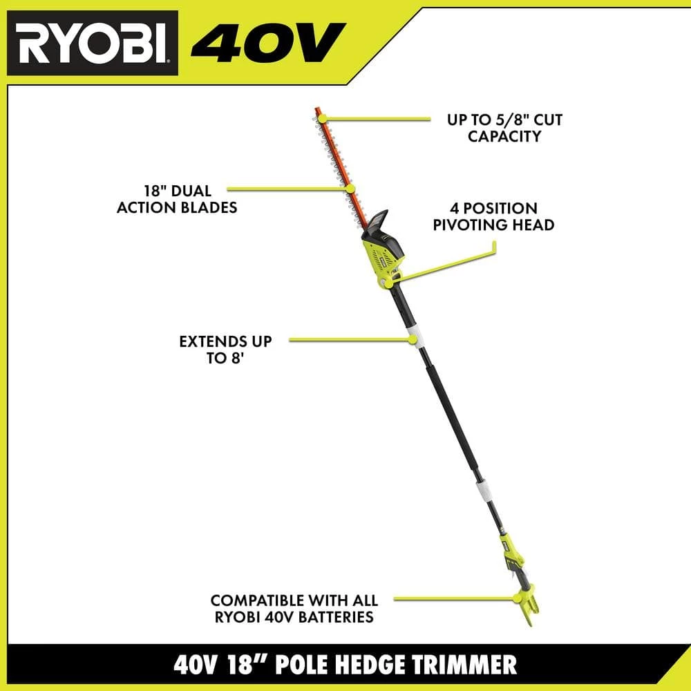 RYOBI 40V 18 in. Cordless Battery Pole Hedge Trimmer with 2.0 Ah Battery and Charger 6 RYOBI 40V 18 in. Cordless Battery Pole Hedge Trimmer with 2.0 Ah Battery and Charger - Image 4