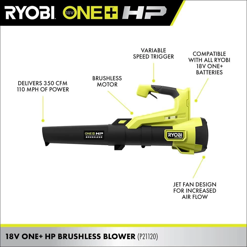 RYOBI ONE+ HP 18V Brushless 110 MPH 350 CFM Cordless Variable-Speed Jet Fan Leaf Blower (Tool Only) 12 RYOBI ONE+ HP 18V Brushless 110 MPH 350 CFM Cordless Variable-Speed Jet Fan Leaf Blower (Tool Only) - Image 10