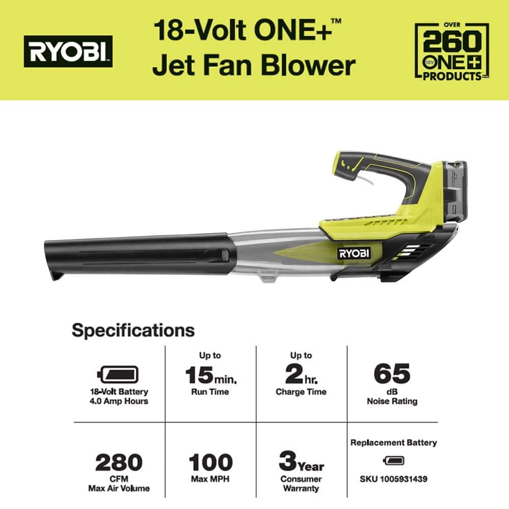 RYOBI ONE+ 18V 100 MPH 280 CFM Cordless Battery Variable-Speed Jet Fan Leaf Blower with 4.0 Ah Battery and Charger 5 RYOBI ONE+ 18V 100 MPH 280 CFM Cordless Battery Variable-Speed Jet Fan Leaf Blower with 4.0 Ah Battery and Charger - Image 3