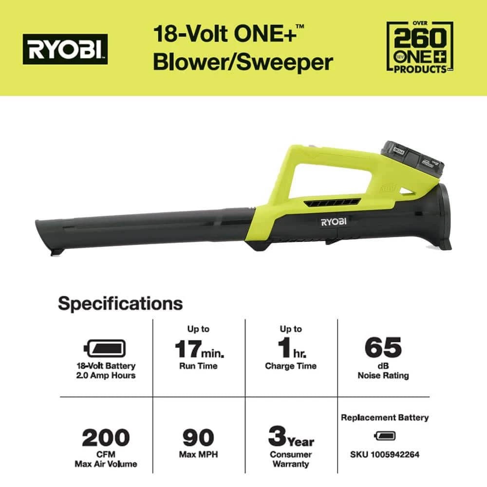 RYOBI ONE+ 18V 90 MPH 200 CFM Cordless Battery Leaf Blower/Sweeper with 2.0 Ah Battery and Charger 5 RYOBI ONE+ 18V 90 MPH 200 CFM Cordless Battery Leaf Blower/Sweeper with 2.0 Ah Battery and Charger - Image 3