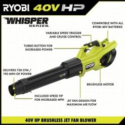 RYOBI 40V HP Brushless Whisper Series 190 MPH 730 CFM Cordless Battery Jet Fan Leaf Blower with (2) 4.0 Ah Batteries & Charger -Outdoor Power Equipment Sales Store ryobi cordless leaf blowers ry404100vnm a0 1000