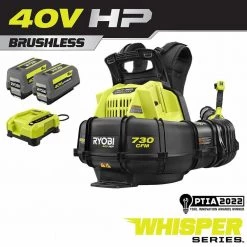 RYOBI 40V HP Brushless Whisper Series 165 MPH 730 CFM Cordless Battery Backpack Blower with (2) 6.0 Ah Batteries and Charger