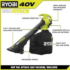 RYOBI 40V Vac Attack Cordless Leaf Vacuum/Mulcher with 5.0 Ah Battery and Charger -Outdoor Power Equipment Sales Store ryobi cordless leaf blowers ry40451 1d 1000