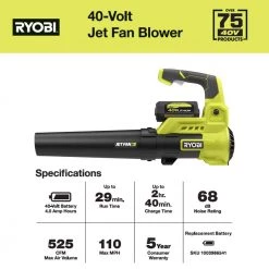 RYOBI 40V 110 MPH 525 CFM Cordless Battery Variable-Speed Jet Fan Leaf Blower with 4.0 Ah Battery and Charger 19 RYOBI 40V 110 MPH 525 CFM Cordless Battery Variable-Speed Jet Fan Leaf Blower with 4.0 Ah Battery and Charger -Outdoor Power Equipment Sales Store ryobi cordless leaf blowers ry40480vnm 1d 1000
