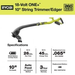 RYOBI ONE+ 18V 10 in. Cordless Battery String Trimmer and Edger with 1.5 Ah Battery and Charger -Outdoor Power Equipment Sales Store ryobi cordless string trimmers p2030 c3 1000