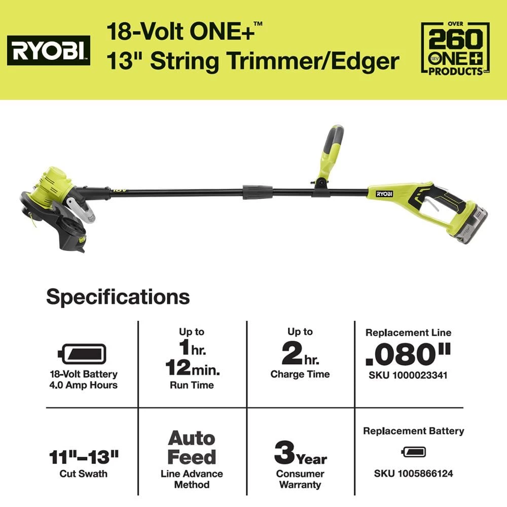 RYOBI ONE+ 18V 13 in. Cordless Battery String Trimmer/Edger with 4.0 Ah Battery and Charger 5 RYOBI ONE+ 18V 13 in. Cordless Battery String Trimmer/Edger with 4.0 Ah Battery and Charger - Image 3