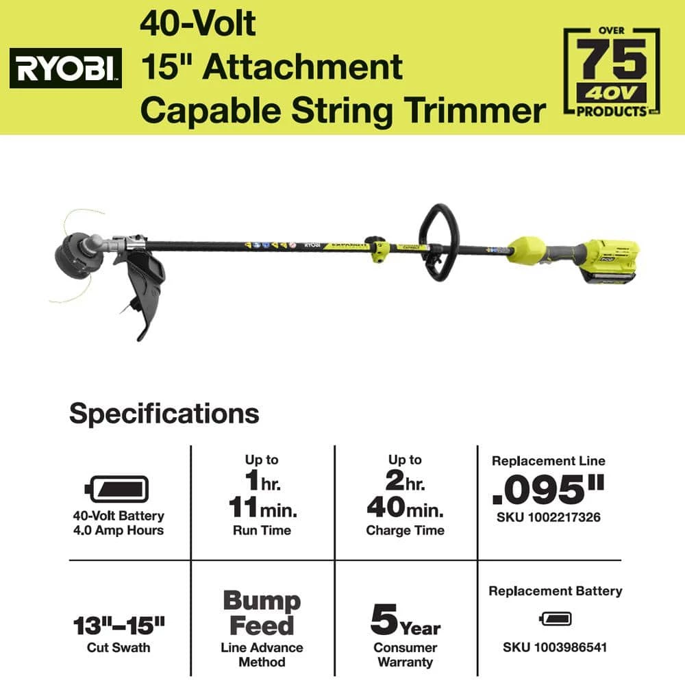 RYOBI 40V Expand-It Cordless Battery Attachment Capable String Trimmer with 4.0 Ah Battery and Charger 14 RYOBI 40V Expand-It Cordless Battery Attachment Capable String Trimmer with 4.0 Ah Battery and Charger - Image 12