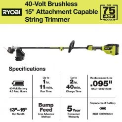 RYOBI 40V Brushless Cordless Battery Attachment Capable String Trimmer with 4.0 Ah Battery and Charger -Outdoor Power Equipment Sales Store ryobi cordless string trimmers ry40270vnm 76 1000