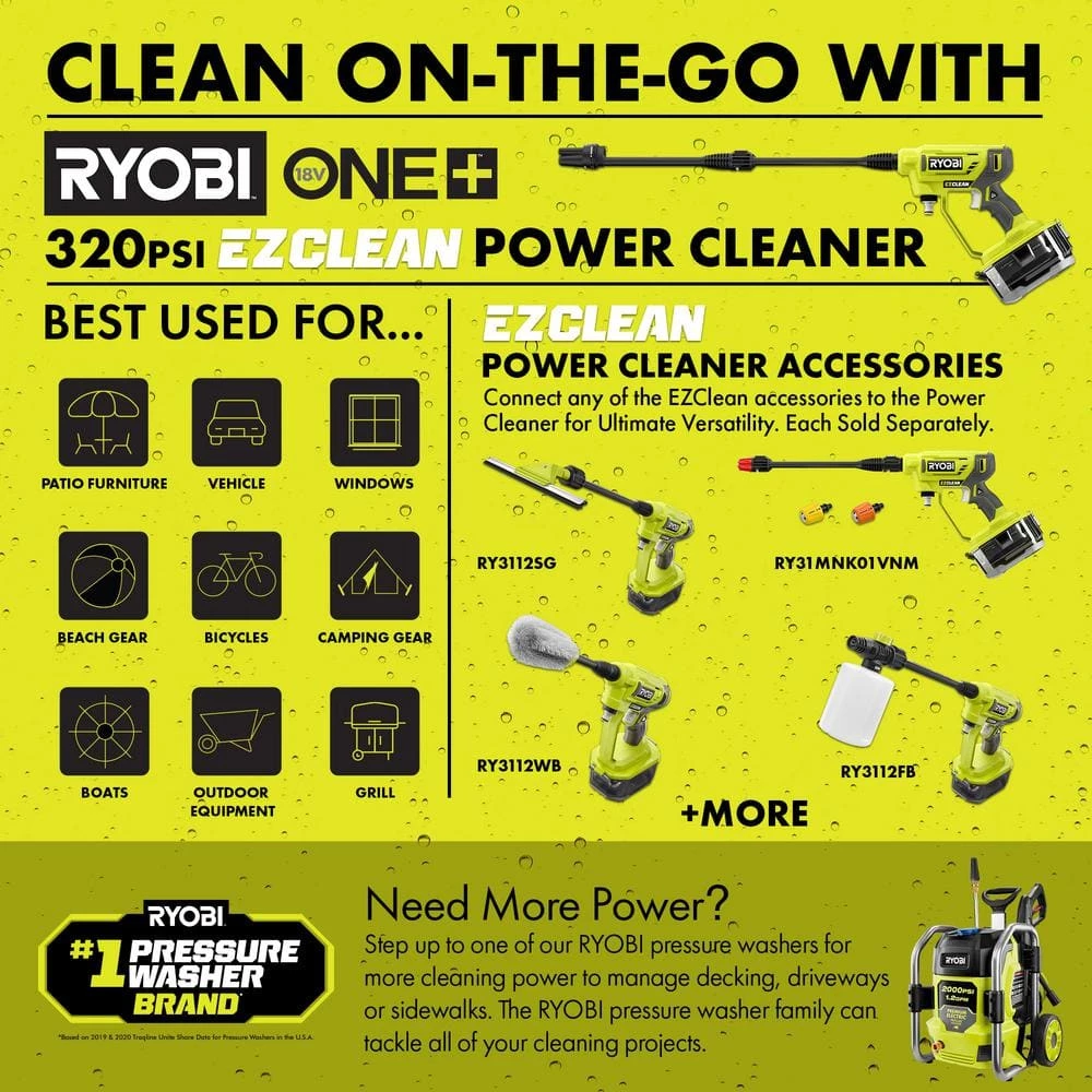 RYOBI ONE+ 18V EZClean 320 PSI 0.8 GPM Cordless Cold Water Power Cleaner (Tool Only) 11 RYOBI ONE+ 18V EZClean 320 PSI 0.8 GPM Cordless Cold Water Power Cleaner (Tool Only) - Image 9