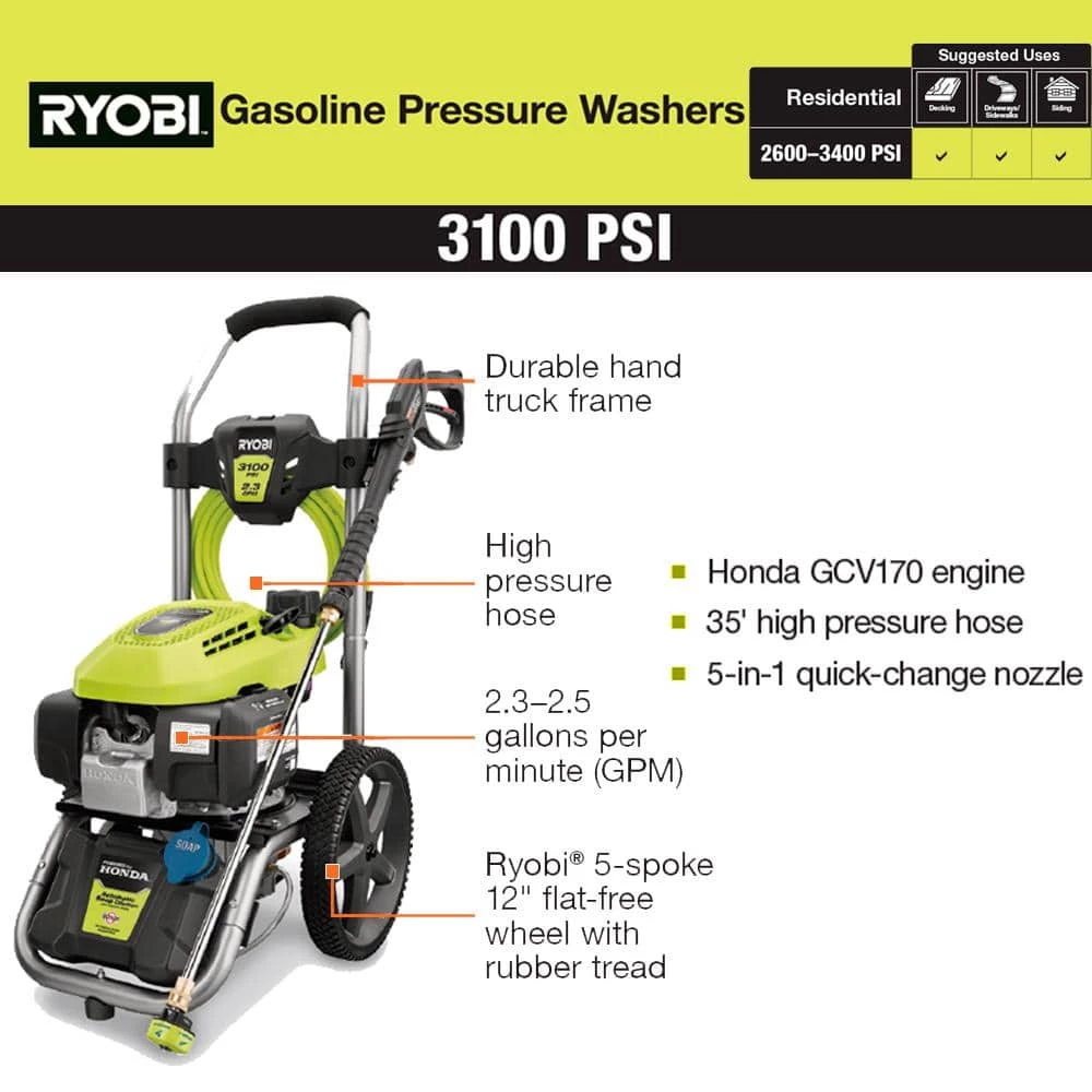 RYOBI 3100 PSI 2.3 GPM Cold Water Gas Pressure Washer Honda 13 RYOBI 3100 PSI 2.3 GPM Cold Water Gas Pressure Washer Honda - Image 11