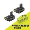 RYOBI ONE+ 18V Lithium-Ion 2.0 Ah Compact Battery (2-Pack) with 6-Port Charger -Outdoor Power Equipment Sales Store ryobi outdoor power batteries chargers pbp2006 pcg006 64 1000
