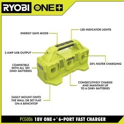 RYOBI ONE+ 18V 6-Port Fast Charger -Outdoor Power Equipment Sales Store ryobi outdoor power batteries chargers pcg006 40 1000