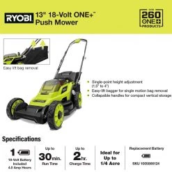 RYOBI ONE+ 18V 13 in. Cordless Battery Walk Behind Push Lawn Mower with 4.0 Ah Battery and Charger -Outdoor Power Equipment Sales Store ryobi push lawn mowers p1180vnm 66 1000