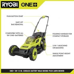 RYOBI ONE+ 18V 13 in. Cordless Battery Walk Behind Push Lawn Mower with 4.0 Ah Battery and Charger -Outdoor Power Equipment Sales Store ryobi push lawn mowers p1180vnm fa 1000