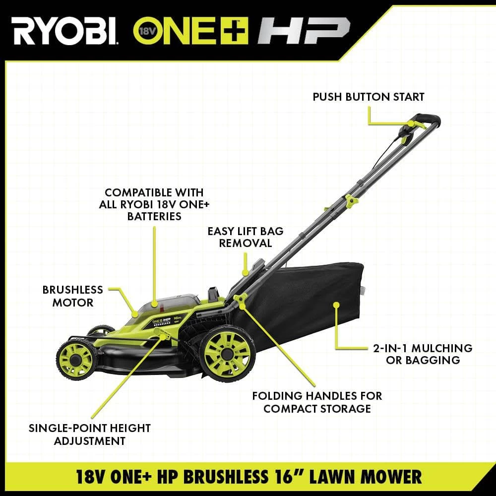RYOBI ONE+ HP 18V Brushless 16 in. Cordless Battery Walk Behind Push Lawn Mower with (2) 4.0 Ah Batteries and (1) Charger 16 RYOBI ONE+ HP 18V Brushless 16 in. Cordless Battery Walk Behind Push Lawn Mower with (2) 4.0 Ah Batteries and (1) Charger - Image 14