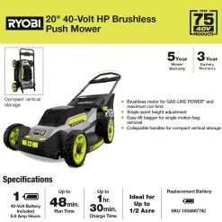 RYOBI 40V HP Brushless 20 in. Cordless Battery Walk Behind Push Mower with 6.0 Ah Battery and Charger -Outdoor Power Equipment Sales Store ryobi push lawn mowers ry401170vnm d4 1000