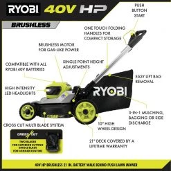 RYOBI 40V HP Brushless 21 in. Battery Walk Behind Push Lawn Mower with 7.5 Ah Battery and Rapid Charger -Outdoor Power Equipment Sales Store ryobi push lawn mowers ry401200 a0 1000